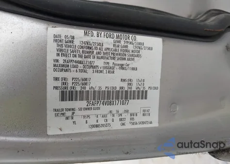 2008 Ford Crown Victoria Lx from USA, damaged, VIN 2FAFP74V08X171077